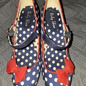 Ruby Shoo Navy Polka Dot Shoes with Red Bow
